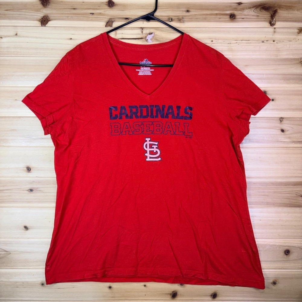 Majestic MLB St. Louis Cardinals T-Shirt Womens XXL Red V-Neck Short Sleeve Tee
